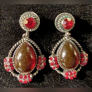 Gunmetal Earrings with Deep Red Stones